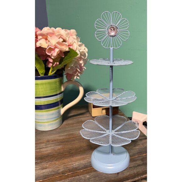 Blue  & Pink Wire Floral 3-Tier Cupcake Stand  Nantucket / Display 17" Tall - Picture 5 of 5